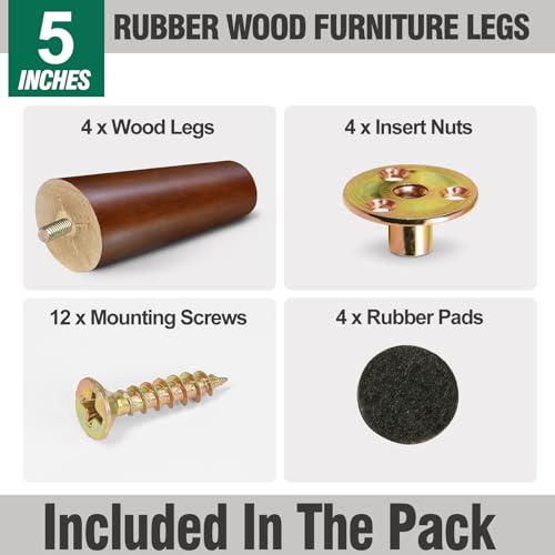 FoDau770 Rubber Wood Legs 5", Slant Taper, 5/16"-18 Thread, Brown, 4pcs - color: Brown, size: 5 Inch - Slanted (80°)