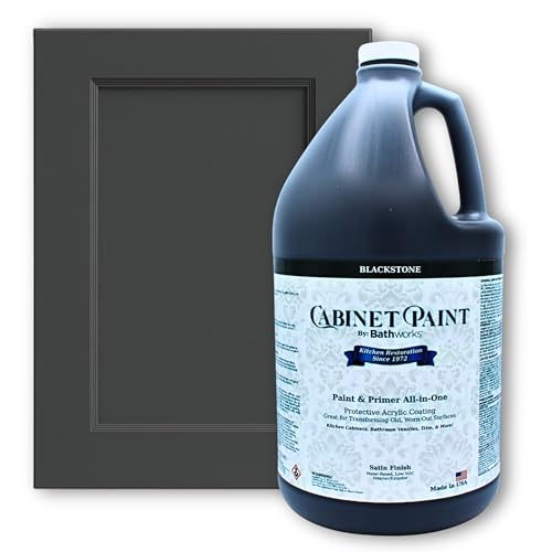 Bathworks Kitchen Cabinet Paint - Satin, Pro-Grade Formula by Refinishing Pros Since 1972, Low-VOC, Scrub Resistant, for Wood, Laminate & MDF Cabinets, Vanities, Furniture (Blackstone, 1 Gallon) - color: Blackstone, size: 128 Fl Oz (Pack of 1)