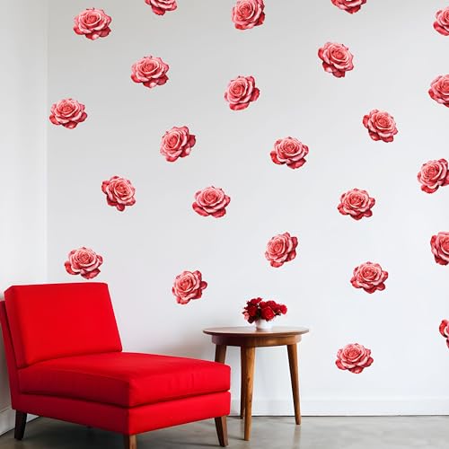 Watercolor Roses Wall Decals, 24 Large Easy Peel & Stick Roses Stickers, Premium Removable and Repositionable Floral Wall Art Fabric Stickers (Red) - color: Red