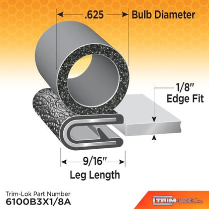 TRIM-LOK Trim Seal, Edge Trim with Side Bulb, Fits 0.625-Inch Bulb, 1/8-Inch Edge, 9/16-Inch Leg, 250-Foot Length, Black Pebble Finish, Flexible PVC Plastic Trim with EPDM Rubber Weather Stripping - style: 0.625" Bulb, 1/8" Edge, 9/16" Leg, 250 Feet