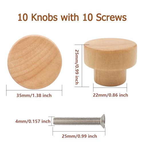 10PCS Wood Dresser Knobs Round Wooden Cabinet Drawer Pulls 35mm - color: Flat Top Natural, size: 10 Pieces