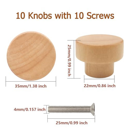 10PCS Wood Dresser Knobs Round Wooden Cabinet Drawer Pulls 35mm - color: Flat Top Natural, size: 10 Pieces