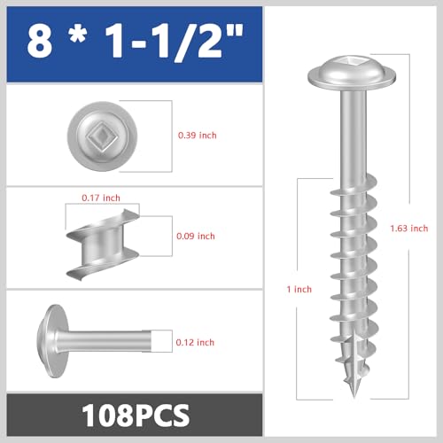 Wensilon Pocket Hole Screws, #8 x 1-1/2", Square Drive, White, 1lbs 108pcs - color: Silver, size: 8*1-1/2"