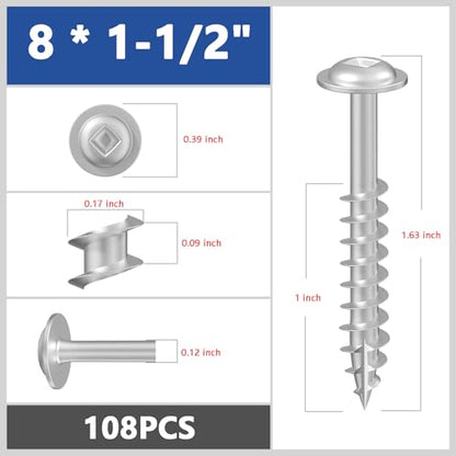 Wensilon Pocket Hole Screws, #8 x 1-1/2", Square Drive, White, 1lbs 108pcs - color: Silver, size: 8*1-1/2"