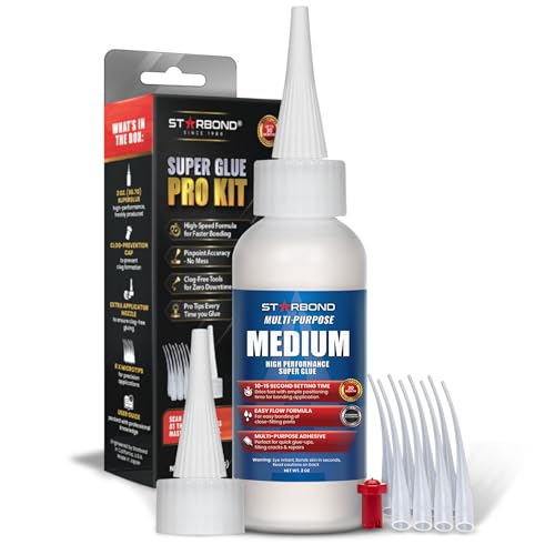 Starbond Medium Super Glue Pro Kit (2 oz) – Strong, Fast, All-Purpose CA Glue (Cyanoacrylate Adhesive) – with Anti-Clog Cap, Precision Tips & Extra Nozzles for Woodworking, Quick Fixes & Hobby Models - size: 2 ounce