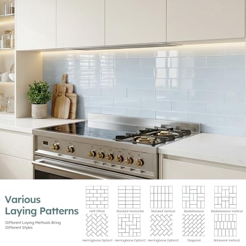 Diflart Peel and Stick Glass Subway Tiles, Light Blue, 3x12 Inch, Glass Backsplash for Kitchen Bathroom Wall Tiles, Pack of 20 Pieces - color: Light Blue, size: 3x12 Inch