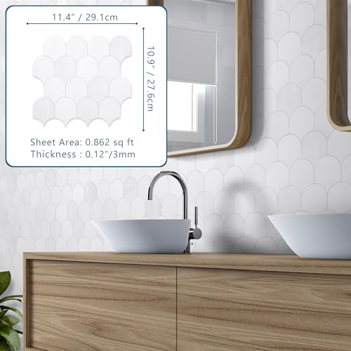 10-Sheet Fish Scale Peel and Stick Backsplash Tile, 11.4" x 10.9" Stone Composite Scallop Handmade Looks Self-Adhesive Wall Tiles for Kitchen Bathroom, White Mixed - color: White Mixed, size: Fish Scale