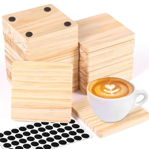 26 Pack Unfinished Wood Coasters, 4 Inch Square Blank Wooden Coasters Crafts Coasters with Non-Slip Silicon Dots for DIY Stained Painting Engraving Burning Home Christmas Decoration