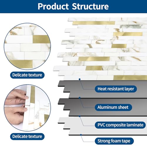 5 - Sheet Peel and Stick Backsplash Wall Tile, PVC Kitchen Backsplash, Stick on Tiles for Backsplash Kitchen (12'' X 12'', White with Gold) - color: White With Gold