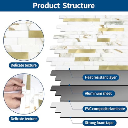 5 - Sheet Peel and Stick Backsplash Wall Tile, PVC Kitchen Backsplash, Stick on Tiles for Backsplash Kitchen (12'' X 12'', White with Gold) - color: White With Gold