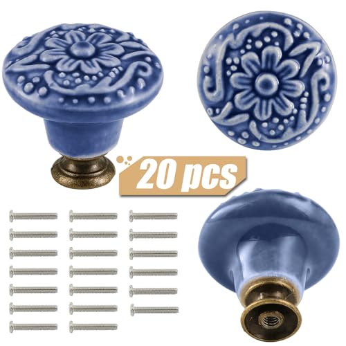 Ceramic Knobs, Embossed Floral Design - Greyish Blue, 20pcs - color: Greyish Blue