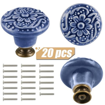 Ceramic Knobs, Embossed Floral Design - Greyish Blue, 20pcs - color: Greyish Blue
