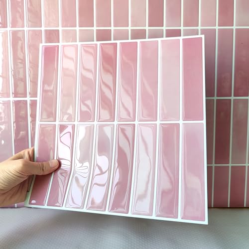 Alwayspon 10 Sheets 3D Peel and Stick PVC Backsplash Tiles, 10"x10" Self-Adhesive Wall Tile Stickers Stick on Subway Tiles for Kitchen Bathroom, Pink - color: T80562