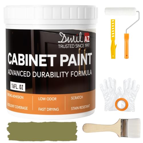 DWIL Cabinet Paint, Water Based Kitchen Cabinet Paint, Furniture Paint, Wood Paint, Low Odor, Fast Drying, Semi-Gloss, 16oz Olive Green - color: Olive Green, size: 16 Fl Oz (Pack of 1)