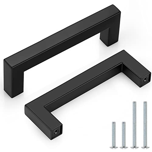 Probrico 5 Pack Matte Black Bar Cabinet Pulls 3 3/4" Hole Centers Stainless Steel Square Dresser Drawer Pulls Handles Bedroom Closet Kitchen Modern Furniture Hardware - color: Black, size: hole center 3-3/4"