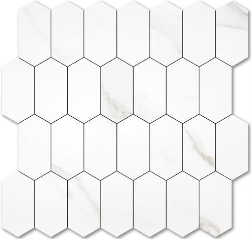 Vamos Tile Long Hexagon Peel and Stick Backsplash Tile - 10 Sheets Stick on Backsplash for Kitchen and Bathroom 12.4 x 12 Inch White Marble Look PVC Self Adhesive Mosaic Wall Tiles - color: ‎Statuary Marble Look