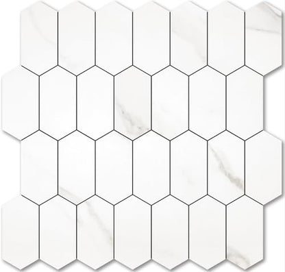 Vamos Tile Long Hexagon Peel and Stick Backsplash Tile - 10 Sheets Stick on Backsplash for Kitchen and Bathroom 12.4 x 12 Inch White Marble Look PVC Self Adhesive Mosaic Wall Tiles - color: ‎Statuary Marble Look