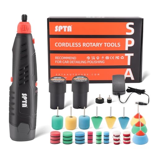 Cordless Rotary Tool, SPTA Powerful Mini Detail Polisher Kit, 36Pcs 12V Li-ion Battery 5,000-25,000 RPM Micro Auto Detailing Car Polisher Polishing Foam Pad Set for Buffing Polishing Sanding Cleaning - color: Spta Cordless Mini Car Polisher Sets