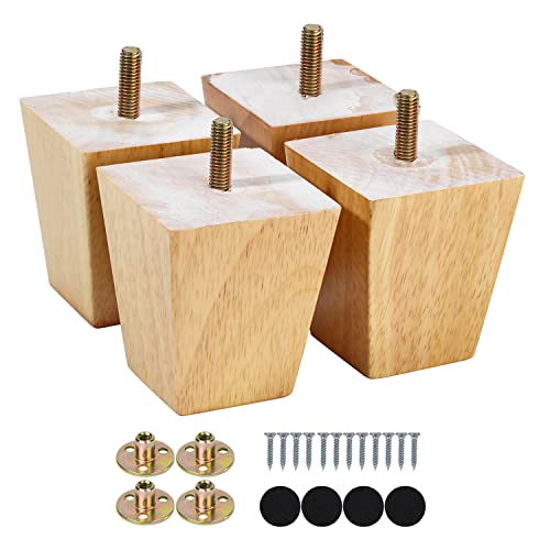 Maricome 3 Inch Furniture Legs Pre-drilled M8 Bolt Replacement Sofa Couch Feet Set of 4 Square Tapered Solid Wood Screw in - size: 3 Inch Natural