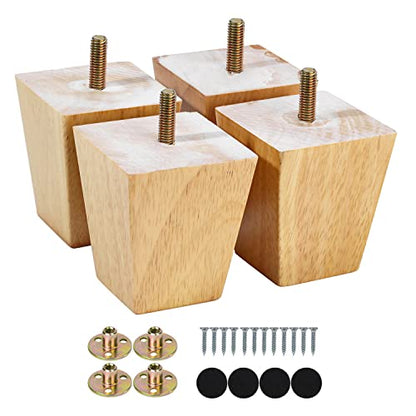Maricome 3 Inch Furniture Legs Pre-drilled M8 Bolt Replacement Sofa Couch Feet Set of 4 Square Tapered Solid Wood Screw in - size: 3 Inch Natural
