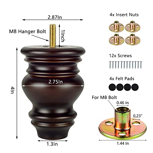 Michanco 4 Inch Wood Furniture Legs Set of 4 Wooden Bun Feet for Couch Sofa Ottoman Mid Century M8 Bolt Screw in - color: 4 Inch Espresso