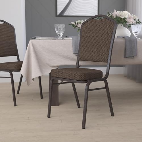 EMMA + OLIVER Brown Patterned Fabric Crown Back Stacking Banquet Chair - color: Brown Patterned Fabric/Copper Vein Frame