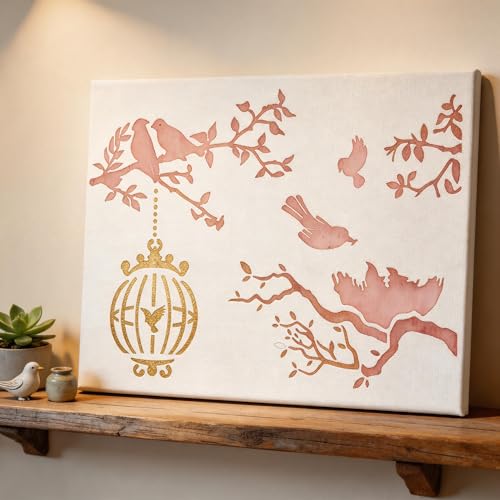 TIAMECH A4 Reusable Birds Tree Birdcage Stencil for Painting - style: Birdcage Bird