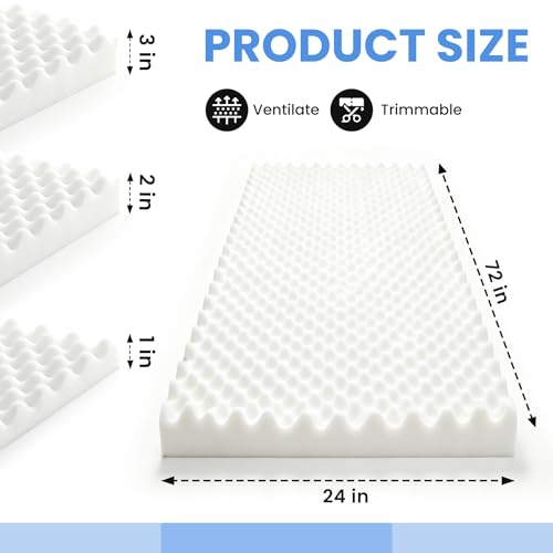 Egg Crate Foam 72 x 24 x 3 Inch, High Density Upholstery Foam Cushion