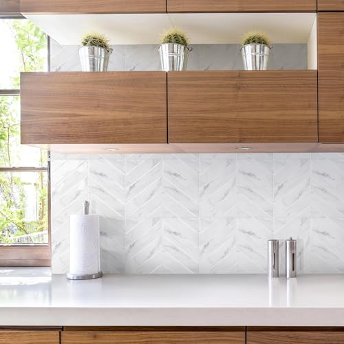 STICKGOO Herringbone Peel and Stick Backsplash, White Marble, 10 Sheets - color: Glossy White Marble, size: Pack of 10