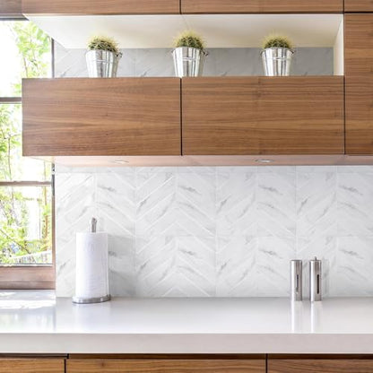 STICKGOO Herringbone Peel and Stick Backsplash, White Marble, 10 Sheets - color: Glossy White Marble, size: Pack of 10