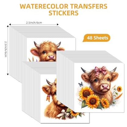 48 Sheets Rub on Transfers for Crafts and Furniture Rub on Transfer Stickers Decals for Wood,2.5 * 2.5inch (Highland Cow) - style: Highland Cow