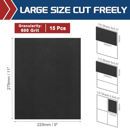 15Pcs Sand Papers 9x11In 600 Grit Sandpaper Sheets Silicon Carbide - size: 600 Grit