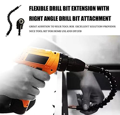 Right Angle Drill Attachment 1/4inch Hex Shank Right Angle Screwdriver Drill Bit Holder 105 Degree Drill Bit Extension Socket Adapter+ Flexible Drill Bit Extension-BLACK