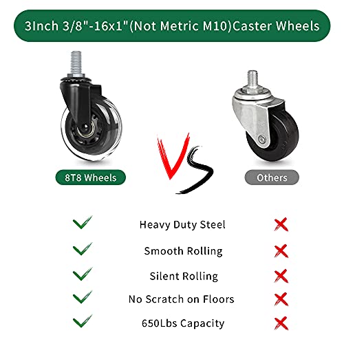 3" Thread Screw in Office Chair Caster Wheels, 3/8"-16x1(Not Metric M10), Safe for All Floors, PU Rubber Furniture,Carts Stem Caster Wheels,No Scratch,650Lbs Weight Capacity - style: Flange Nuts