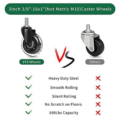 3" Thread Screw in Office Chair Caster Wheels, 3/8"-16x1(Not Metric M10), Safe for All Floors, PU Rubber Furniture,Carts Stem Caster Wheels,No Scratch,650Lbs Weight Capacity - style: Nut Inserts