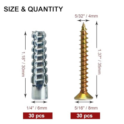 60 Pack Hollow Wall Anchor with Screws,Loose Hinge Hole Repair Kit for Concrete Wall, Metal Expansion Bolt for Drywall (1/4 inch) - size: 1/4 inch