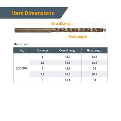 POWERTEC M35 Cobalt Drill Bit 1mm-3mm, 50-Pk HSS Twist Bits (QDB2104) - style: 50PK Metric Cobalt Drill Bits Set (1mm-3mm)