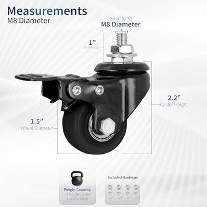 VIVO M8 Threaded Locking Caster Wheels, Set of 4, Swivel, Rubber Base, Brake, 1.5 inch Replacement Wheels for Standing Desk Frames, TV Stands, Carts, and More, PT-ST-015C - style: M8 Threaded