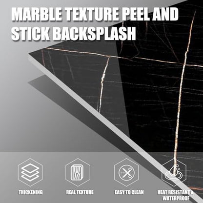 Marble Peel and Stick Backsplash 23.6 x11.8 in, 10PCS - color: Black-Striped Marble