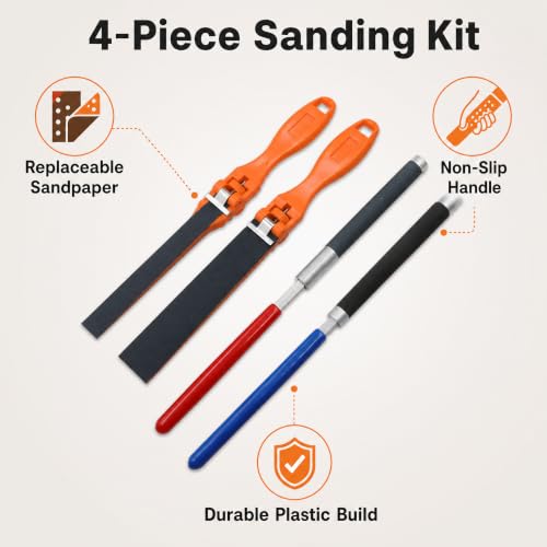4PCS Sanding Block Set with Handle and Plastic Rod - Replaceable Flat File Sanding Sticks and Polishing Strips for Wood, Metal, Furniture, Cabinet, and Automotive Sanding Restoration