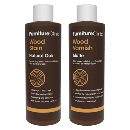Furniture Clinic 8.5oz Natural Oak Wood Stain + 250ml Matte Wood Varnish | Water Based | Fast Drying, Low Odor, & Non-Toxic | for Indoor & Outdoor Furniture and More