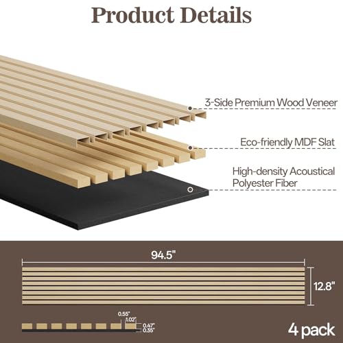 4 Pack Acoustic Wood Panels for Wall 94.48" x 12.79" Soundproof - color: Oak, size: 94" x 12" (4 PCs)