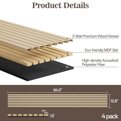 4 Pack Acoustic Wood Panels for Wall 94.48" x 12.79" Soundproof - color: Oak, size: 94" x 12" (4 PCs)