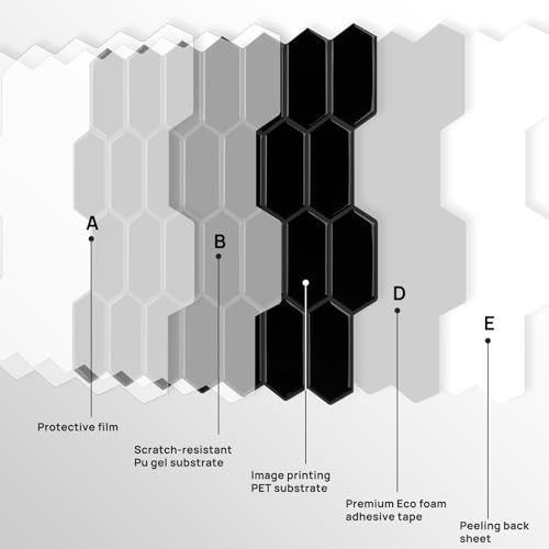 Peel and Stick Tile for Kitchen, Thicker Design 3D Self -Adhesive Long Hexagon Wall Tile Backsplash, Black 10-Sheet 12"x12" Stick on Tiles, Peel and Stick Wall Tiles for Kitchen - color: Black