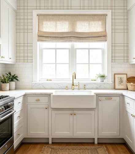 Peel and Stick Wallpaper Check Plaid Boho Neutral - Self Adhesive Waterproof Vinyl Wallpaper for Walls, Kitchen Backsplash, Bathroom, Bedroom, Rentals (Light, 17.3" X 118.11") - color: Light, size: 17.3" X 118.11"