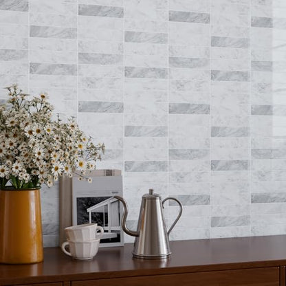VaryPaper 20 Sheets Grey White Marble Look Backsplash Peel and Stick Subway Tile Self Adhesive Vinyl Tile Waterproof Removable Sticky Backsplash for Renters Back Splash Stick on Tiles for Kitchen - size: 20 Sheets