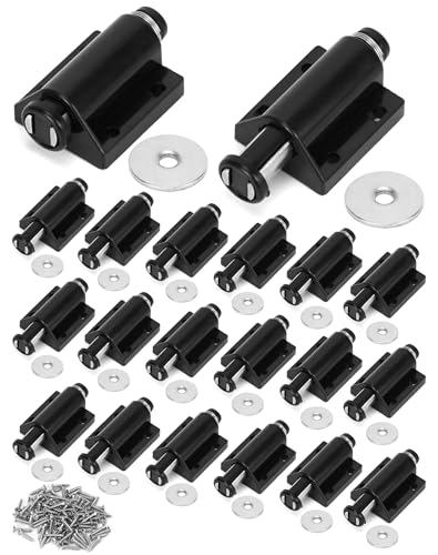 QWORK Magnetic Touch Latch -20 Pack Black Push-to-Open Magnetic Catches for Home Furniture, Glass & Wardrobe Doors, Single Round Magnetic Head - 56mm Extended Length with Mounting Screws