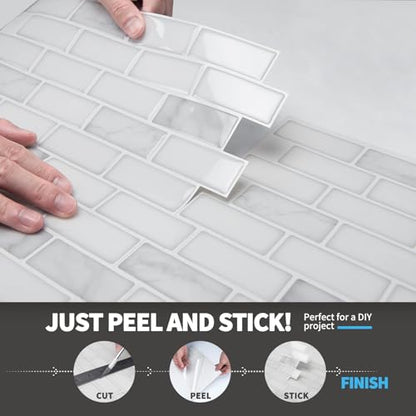 Art3d 10-Pack Peel and Stick Stone Backsplash Tile, 12" x 12", White Marble - color: White Marble