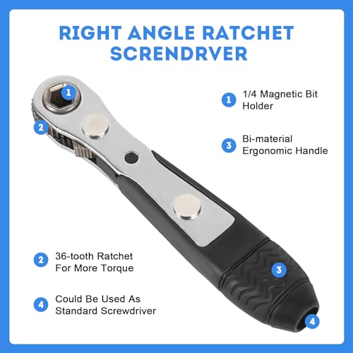 Right Angle Screwdriver,42 PCS 1/4 Mini Ratchet Set,90 Degree Offset Ratcheting Wrench,Hex/Torx/Slotted/Phillips Magnetic Bits,Stocking Stuffers for Men&Women