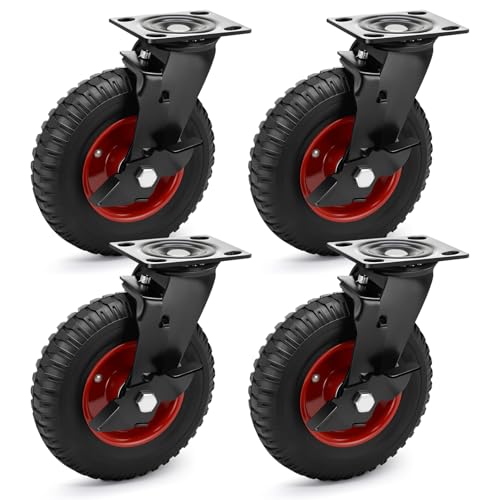 8 Inch Outdoor Heavy Duty Casters Wheels Set of 4, Sturdy Large Rubber Casters with Brake 2200 LBS, Industrial Grade Plate Swivel Castors with Knobby Tread for Dollies, Cart, Machine - size: 8 IN